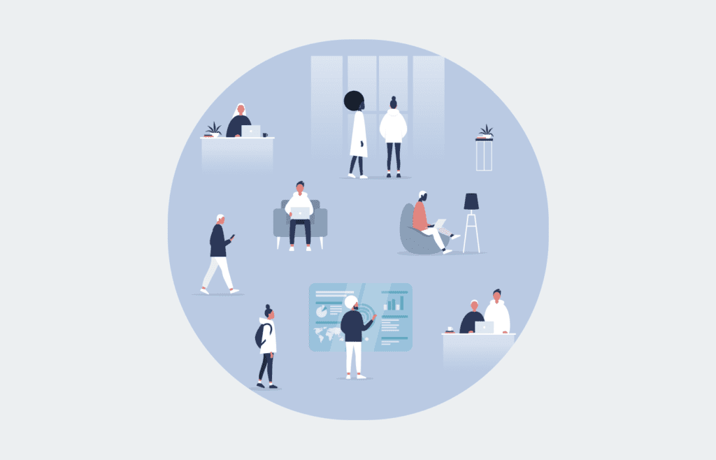 A graphic illustration of people working